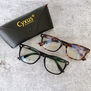 2 Pairs Cyxus Blue Light Blocking Glasses Clear Lens Black & Brown Frame Case